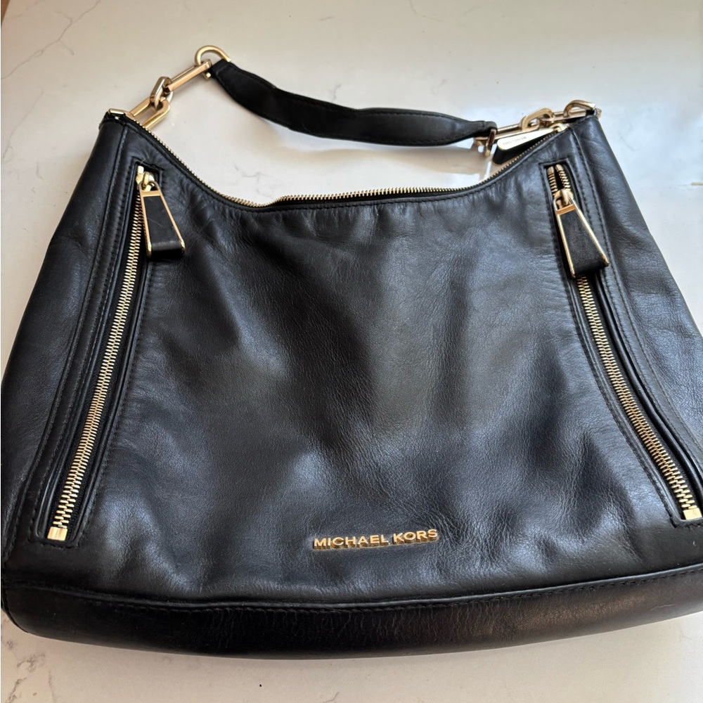Michael Kors Black Leather Hobo Bag with Gold Accents